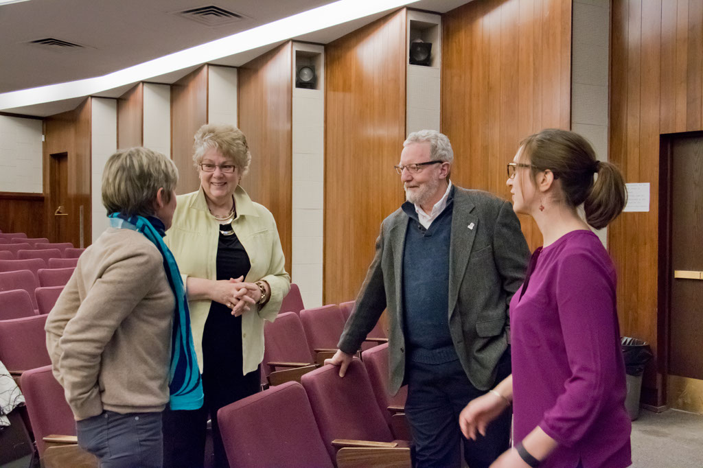 Dr Pratt and Mrs Holmes chat with speaker and host